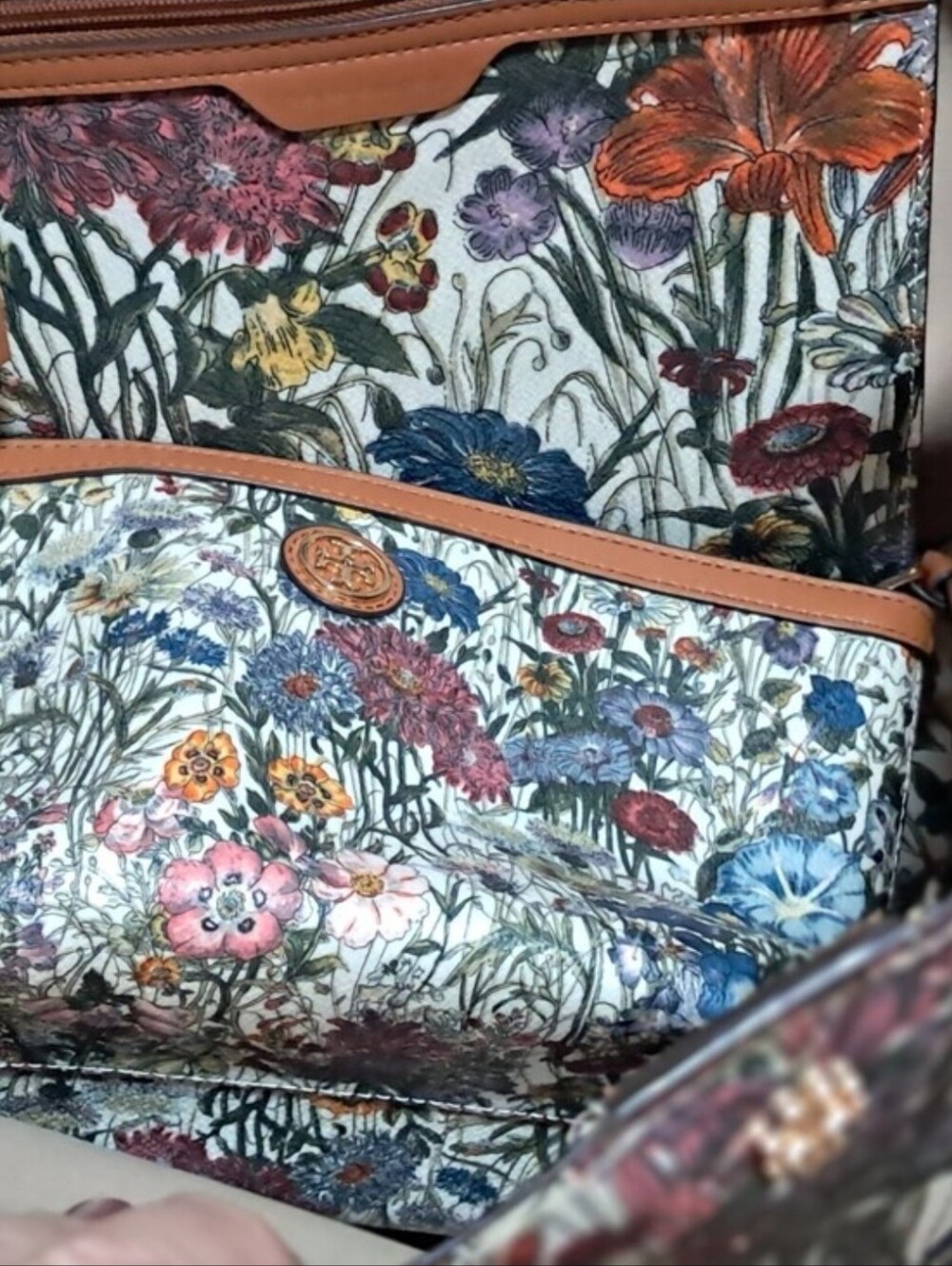 TORY BURCH Floral Print Tote and Pouch Set with Tan Trim